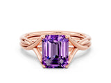 Rose gold Emerald Cut Amethyst Solitaire Twist Band Prong Setting Ring_48