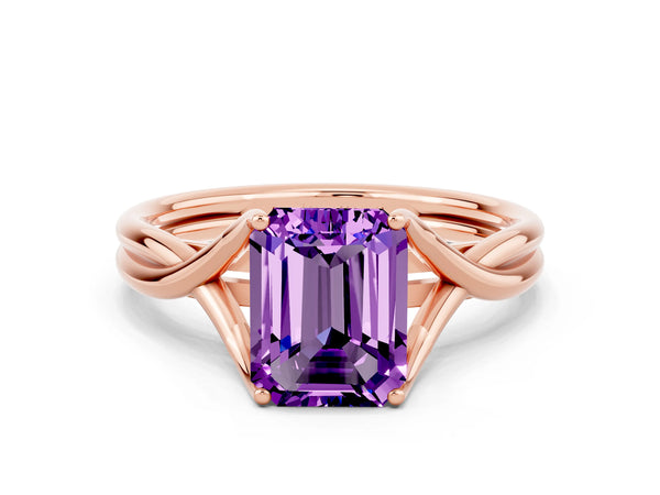 Rose gold Emerald Cut Amethyst Solitaire Twist Band Prong Setting Ring
