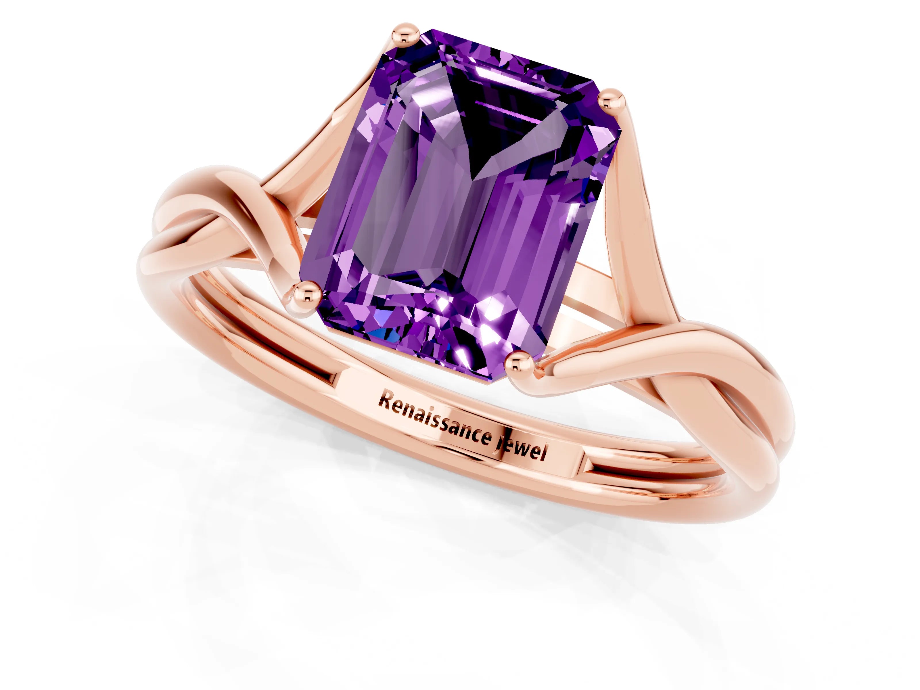 Rose gold Emerald Cut Amethyst Solitaire Twist Band Prong Setting Ring_49