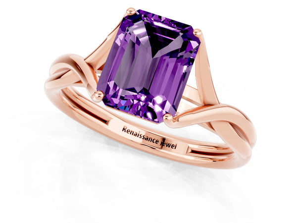 Rose gold Emerald Cut Amethyst Solitaire Twist Band Prong Setting Ring