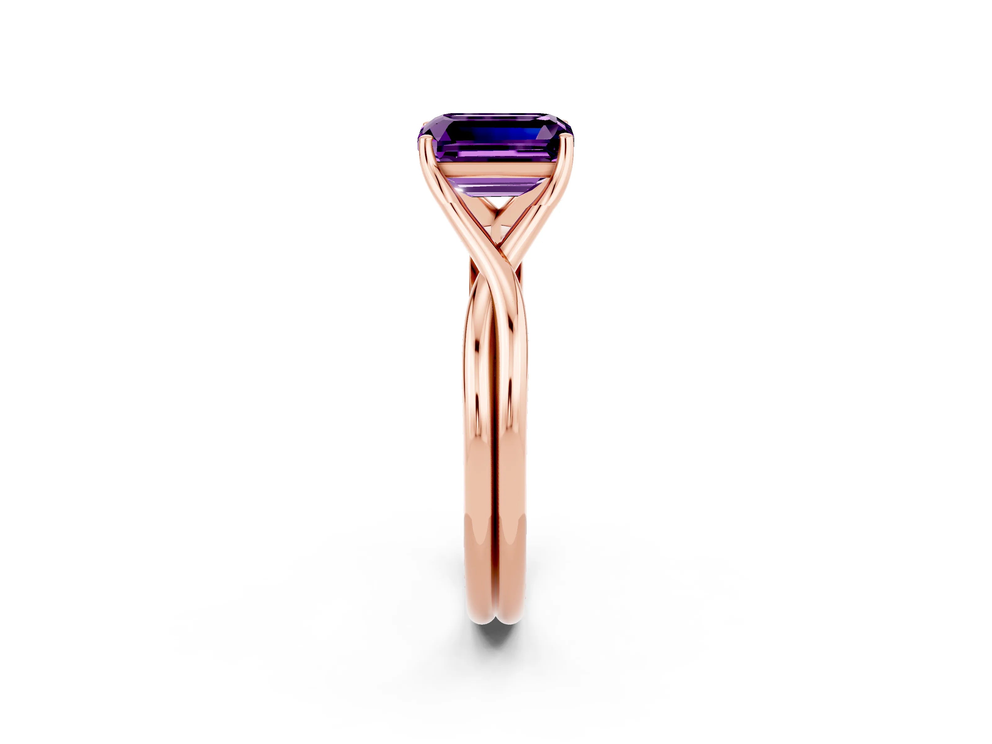 Rose gold Emerald Cut Amethyst Solitaire Twist Band Prong Setting Ring_50