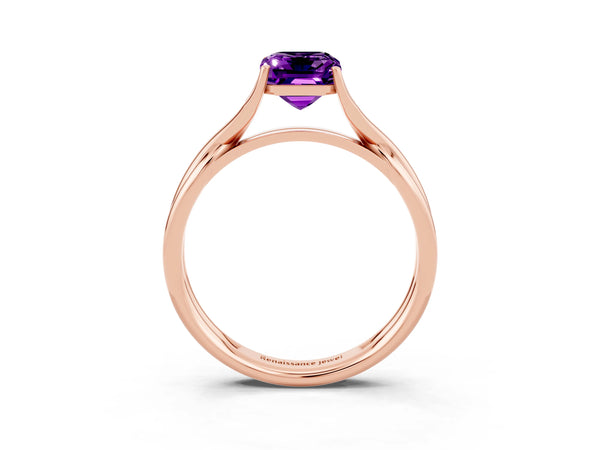 Rose gold Emerald Cut Amethyst Solitaire Twist Band Prong Setting Ring