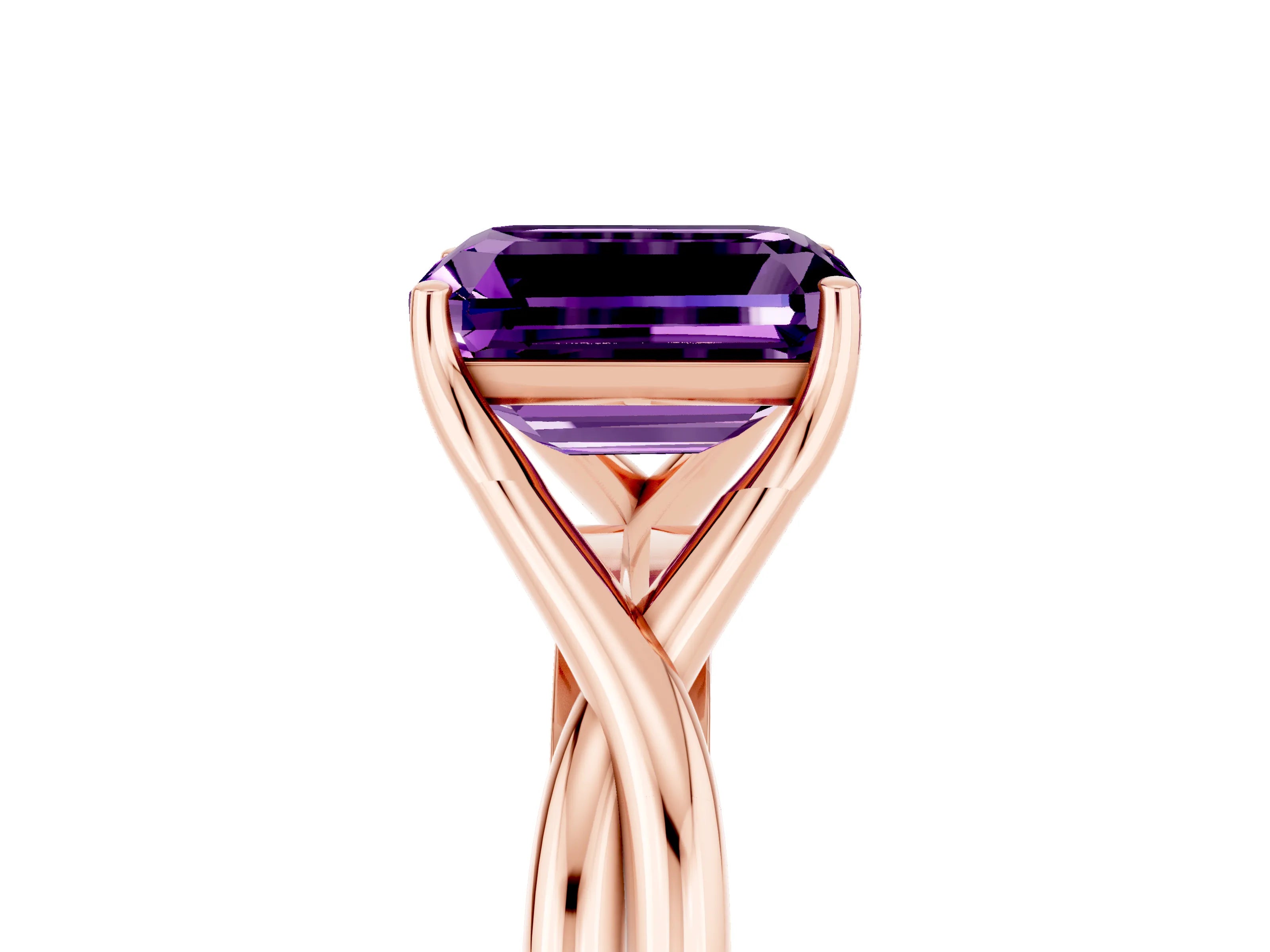 Rose gold Emerald Cut Amethyst Solitaire Twist Band Prong Setting Ring_53