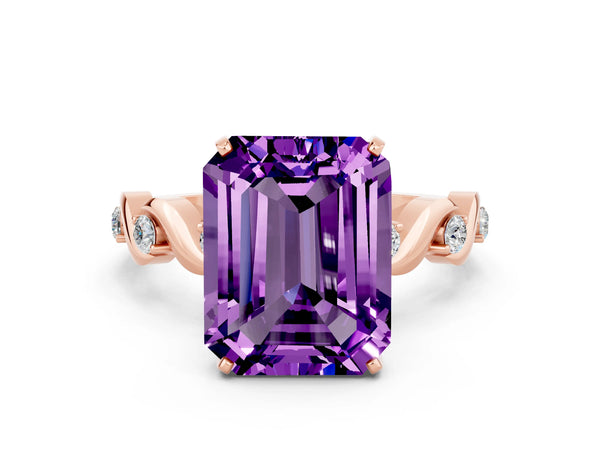 Rose gold Emerald Cut Amethyst Solitaire Twisted Band with Round  Accents and Prong Setting