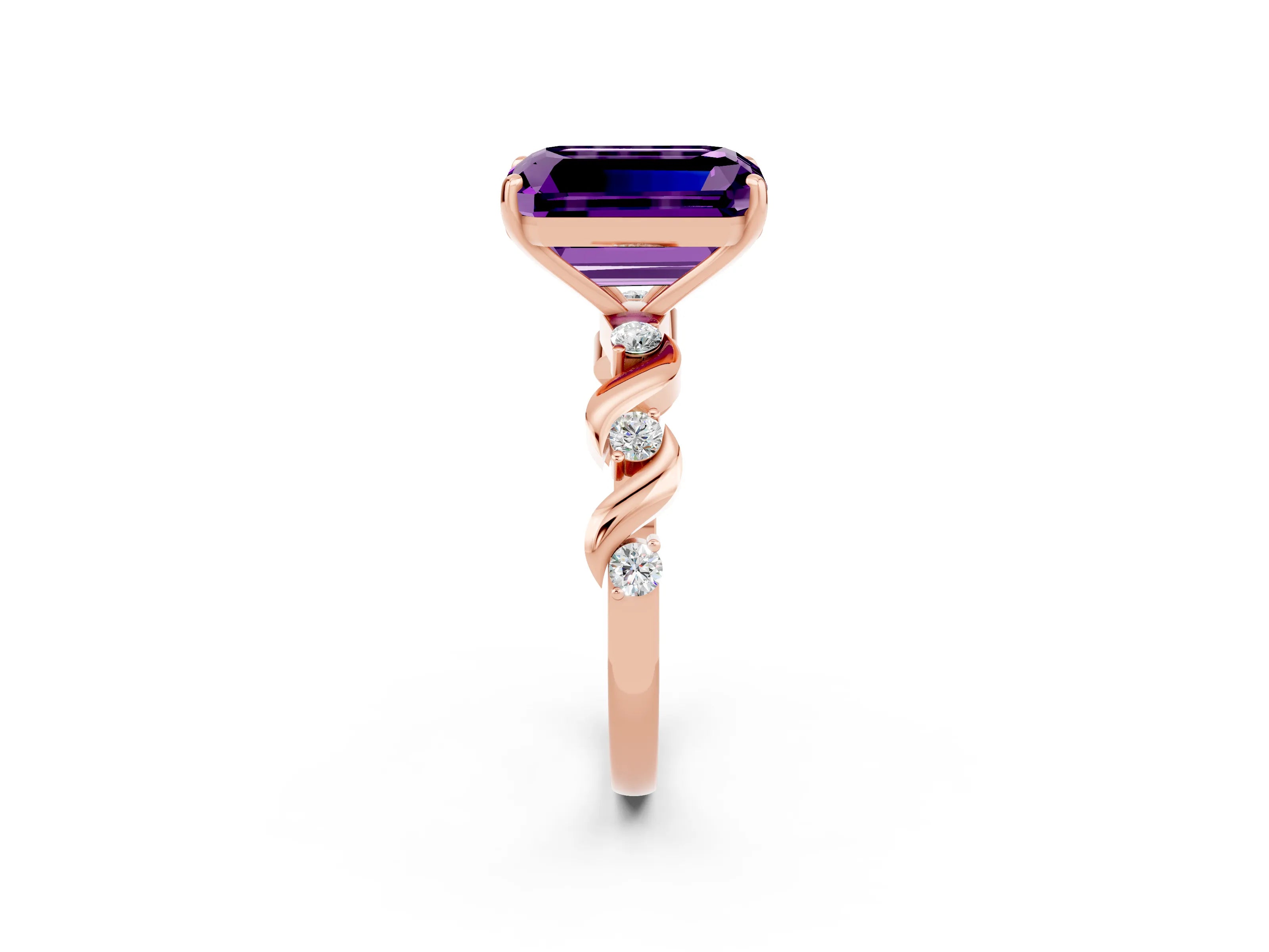 Rose gold Emerald Cut Amethyst Solitaire Twisted Band with Round  Accents and Prong Setting_14