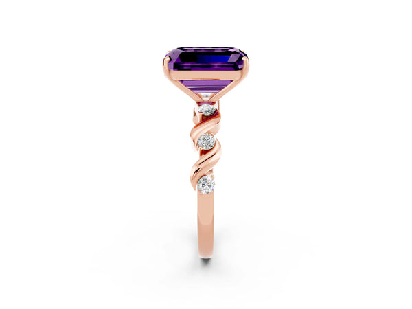 Rose gold Emerald Cut Amethyst Solitaire Twisted Band with Round  Accents and Prong Setting