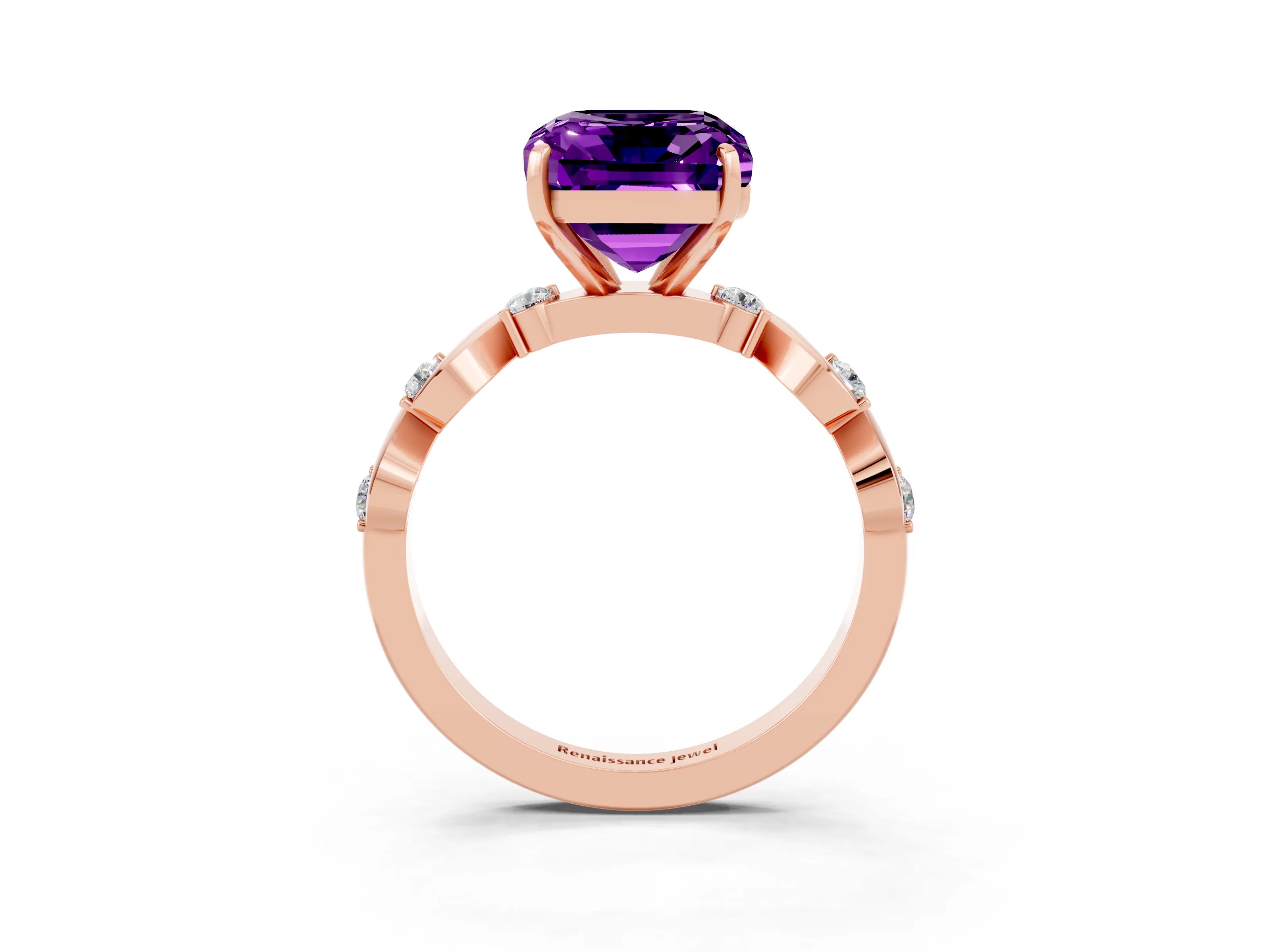 Rose gold Emerald Cut Amethyst Solitaire Twisted Band with Round  Accents and Prong Setting_15