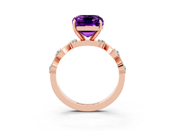 Rose gold Emerald Cut Amethyst Solitaire Twisted Band with Round  Accents and Prong Setting
