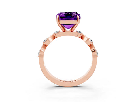 Rose gold Emerald Cut Amethyst Solitaire Twisted Band with Round  Accents and Prong Setting_15