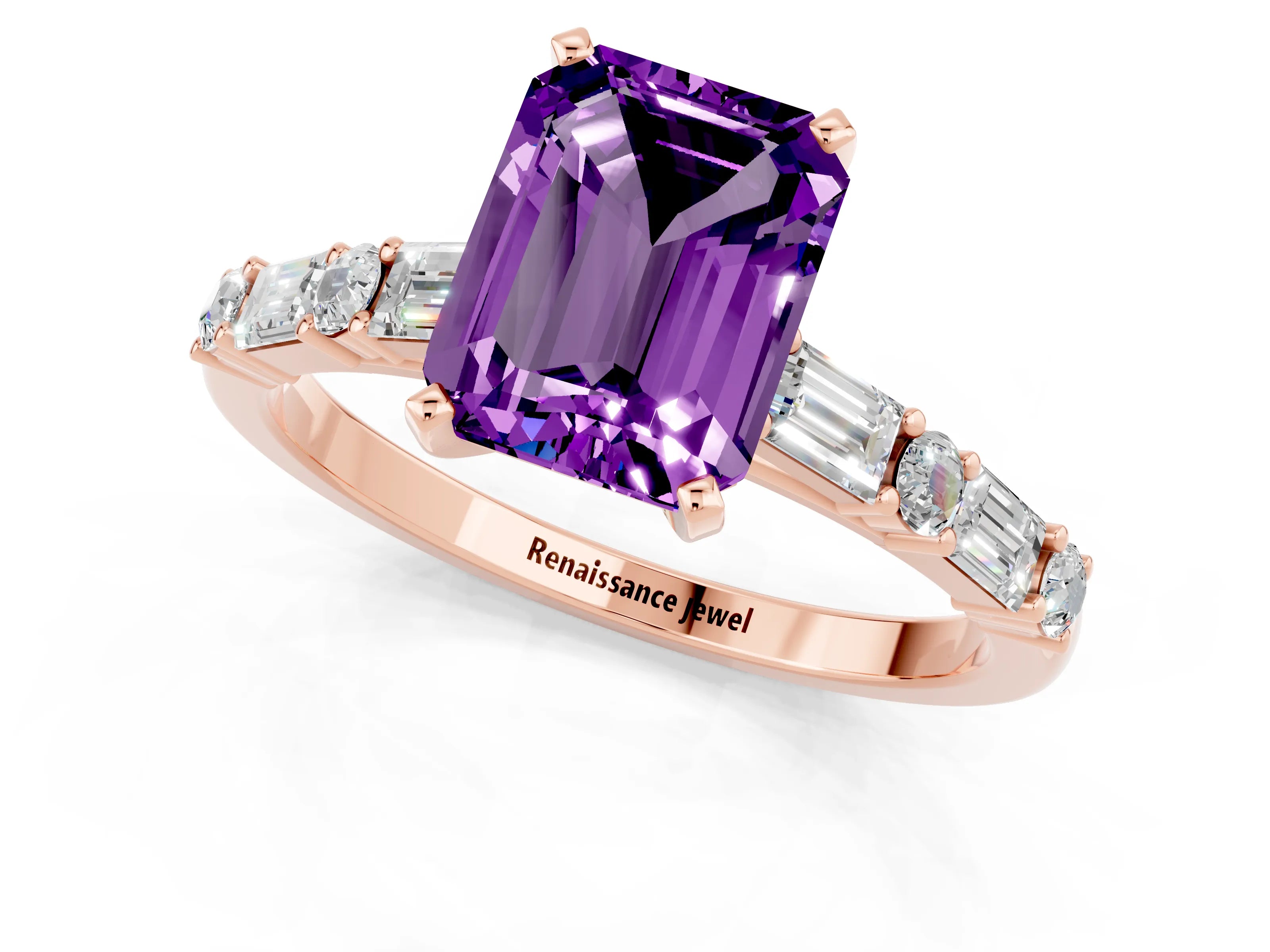 Rose gold Emerald Cut Amethyst Solitaire with Side Baguettes and Channel Set Band_1