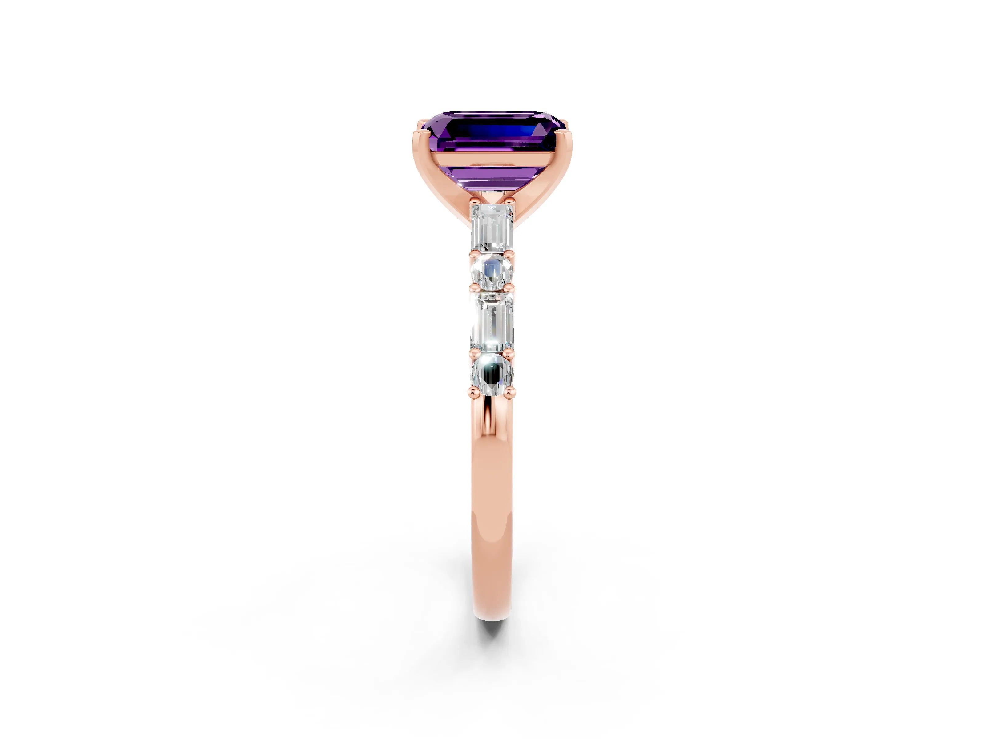 Rose gold Emerald Cut Amethyst Solitaire with Side Baguettes and Channel Set Band_2