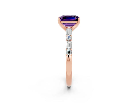 Rose gold Emerald Cut Amethyst Solitaire with Side Baguettes and Channel Set Band_2