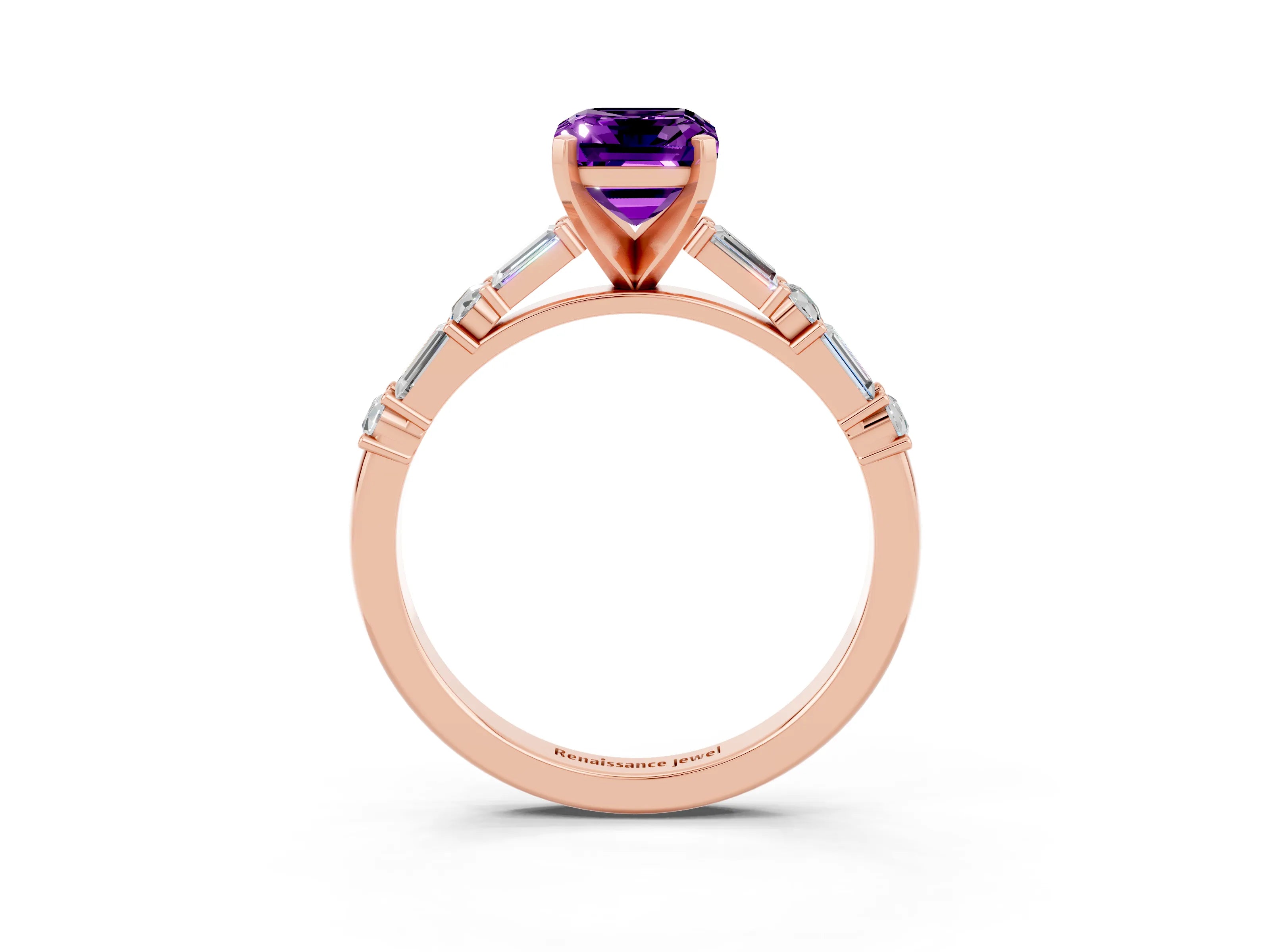 Rose gold Emerald Cut Amethyst Solitaire with Side Baguettes and Channel Set Band_3