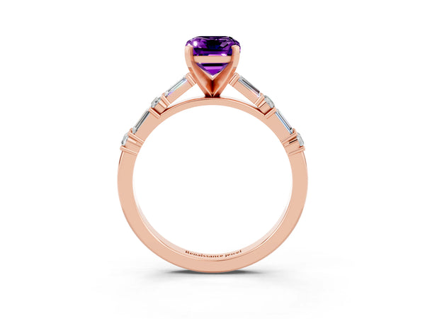 Rose gold Emerald Cut Amethyst Solitaire with Side Baguettes and Channel Set Band