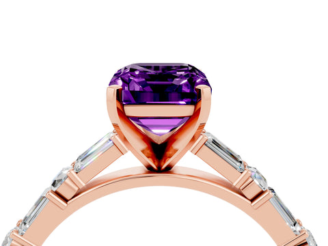 Rose gold Emerald Cut Amethyst Solitaire with Side Baguettes and Channel Set Band_4