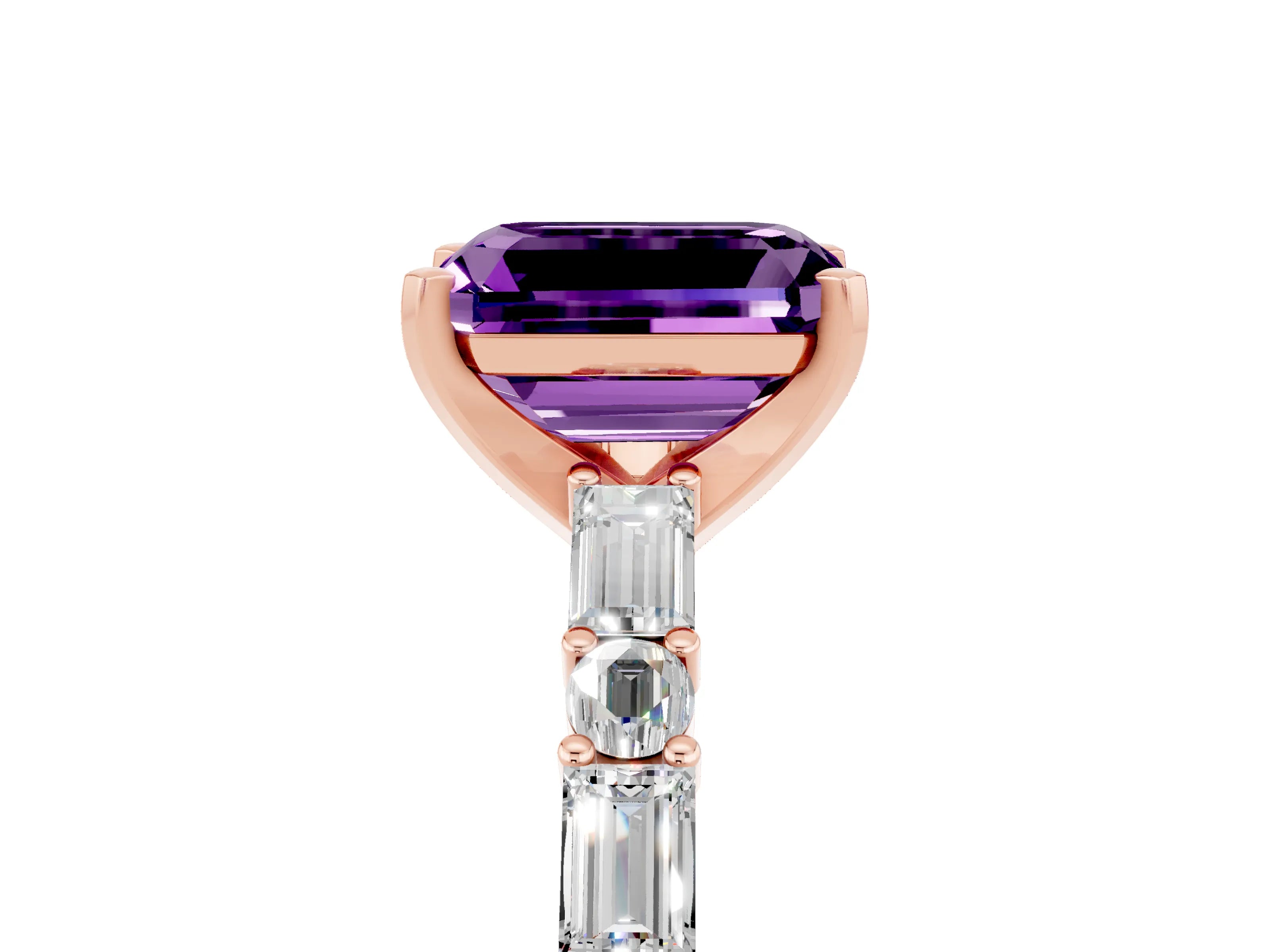 Rose gold Emerald Cut Amethyst Solitaire with Side Baguettes and Channel Set Band_5