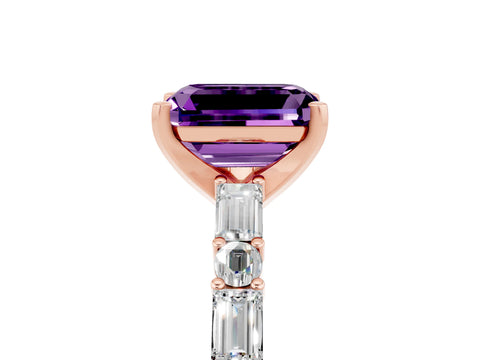 Rose gold Emerald Cut Amethyst Solitaire with Side Baguettes and Channel Set Band_5