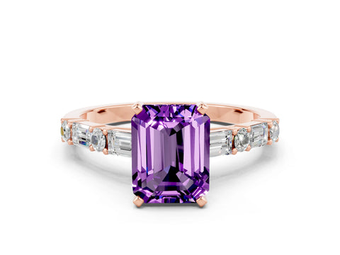 Rose gold Emerald Cut Amethyst Solitaire with Side Baguettes and Channel Set Band