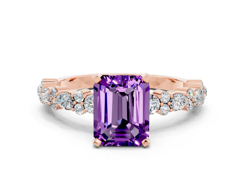 Rose gold Emerald Cut Amethyst Solitaire with Side Stones, Pave Band, Four-Prong Setting_48