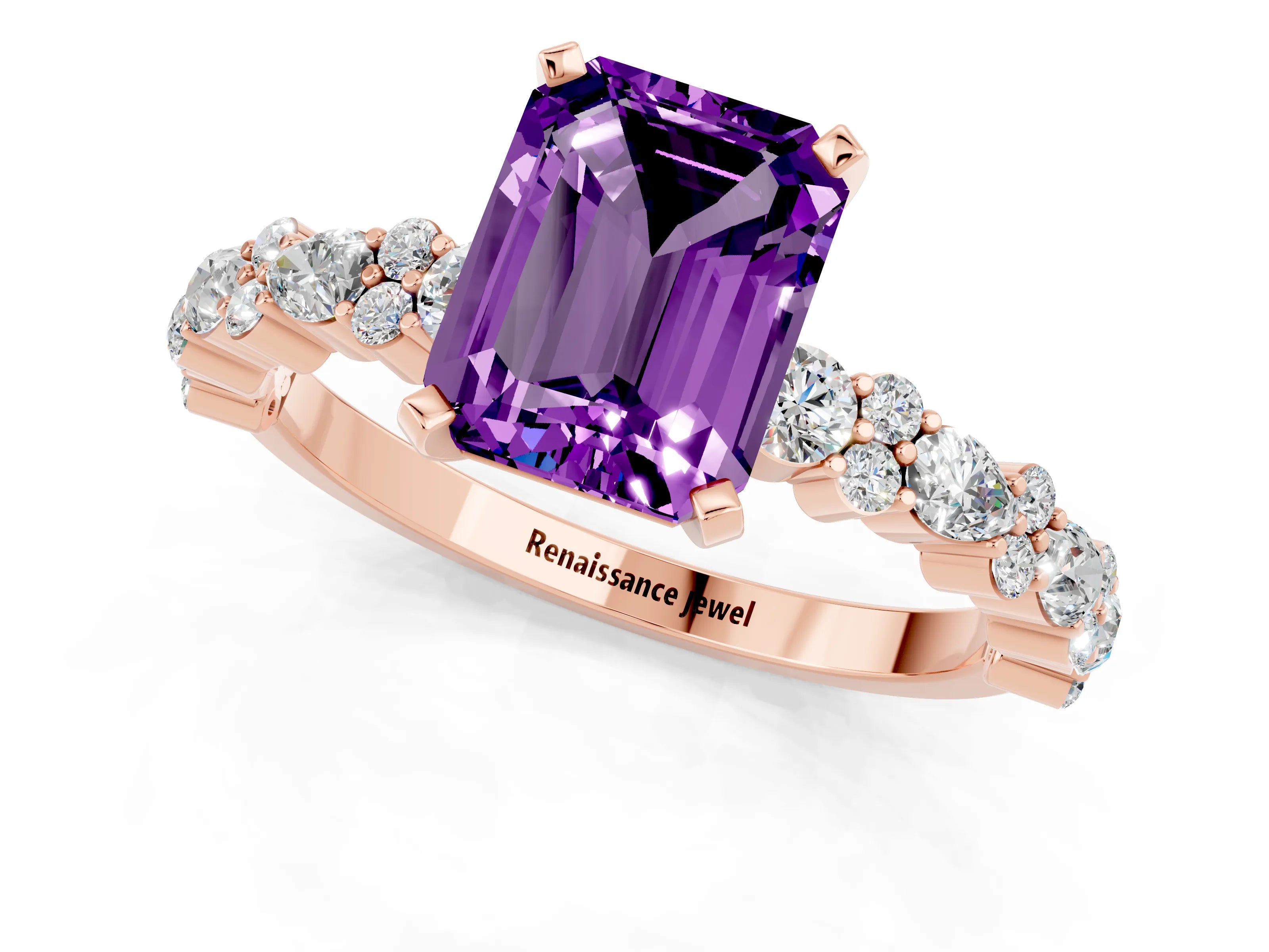 Rose gold Emerald Cut Amethyst Solitaire with Side Stones, Pave Band, Four-Prong Setting_49