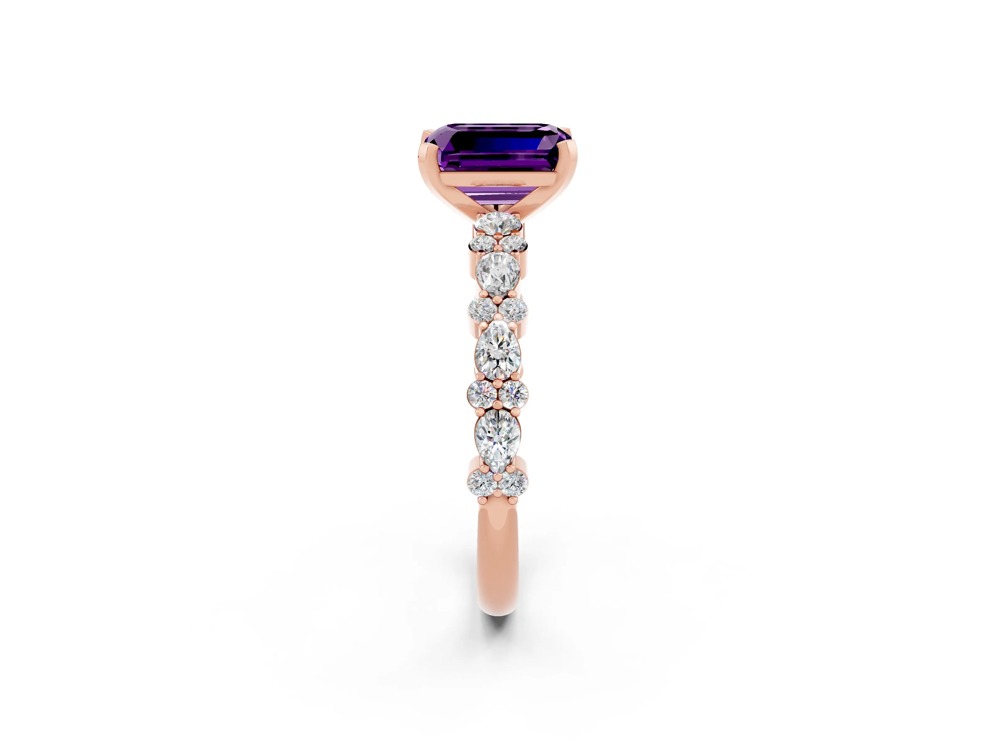 Rose gold Emerald Cut Amethyst Solitaire with Side Stones, Pave Band, Four-Prong Setting_50
