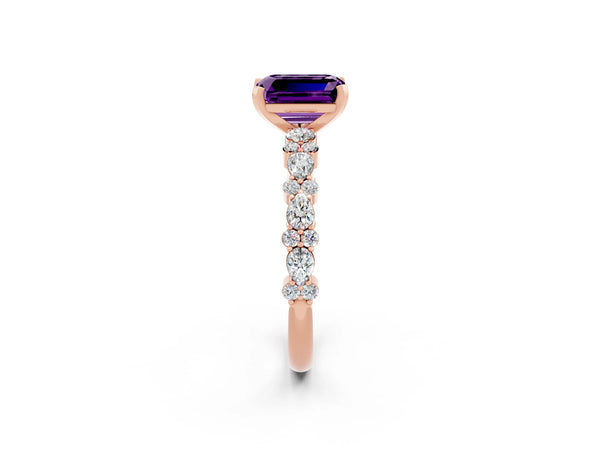 Rose gold Emerald Cut Amethyst Side Stone Solitaire Ring with Round  and Four-Prong Setting