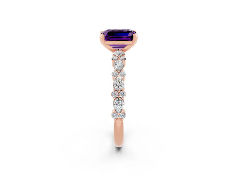 Rose gold Emerald Cut Amethyst Solitaire with Side Stones, Pave Band, Four-Prong Setting_50
