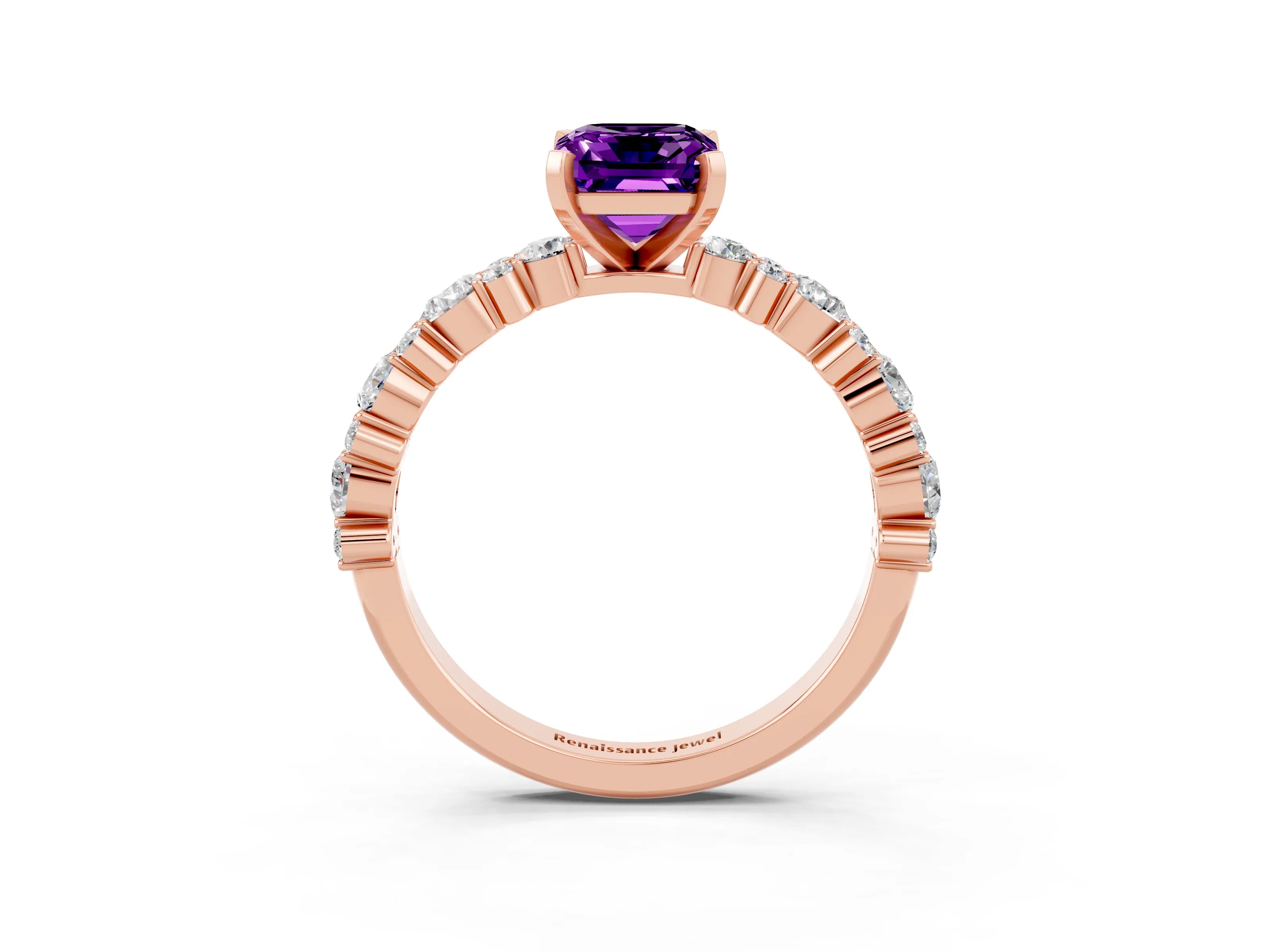 Rose gold Emerald Cut Amethyst Solitaire with Side Stones, Pave Band, Four-Prong Setting_51