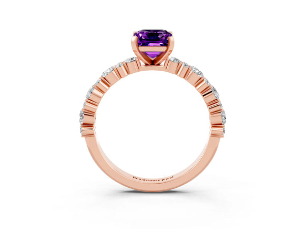 Rose gold Emerald Cut Amethyst Side Stone Solitaire Ring with Round  and Four-Prong Setting