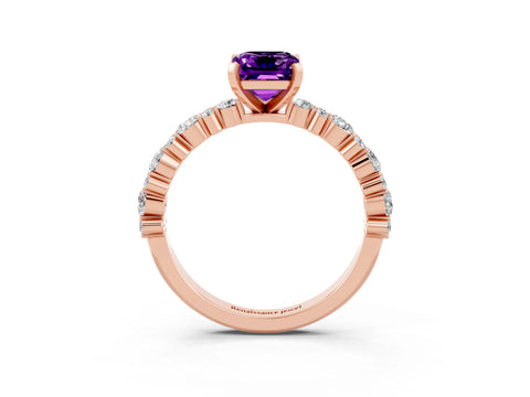 Rose gold Emerald Cut Amethyst Solitaire with Side Stones, Pave Band, Four-Prong Setting_51
