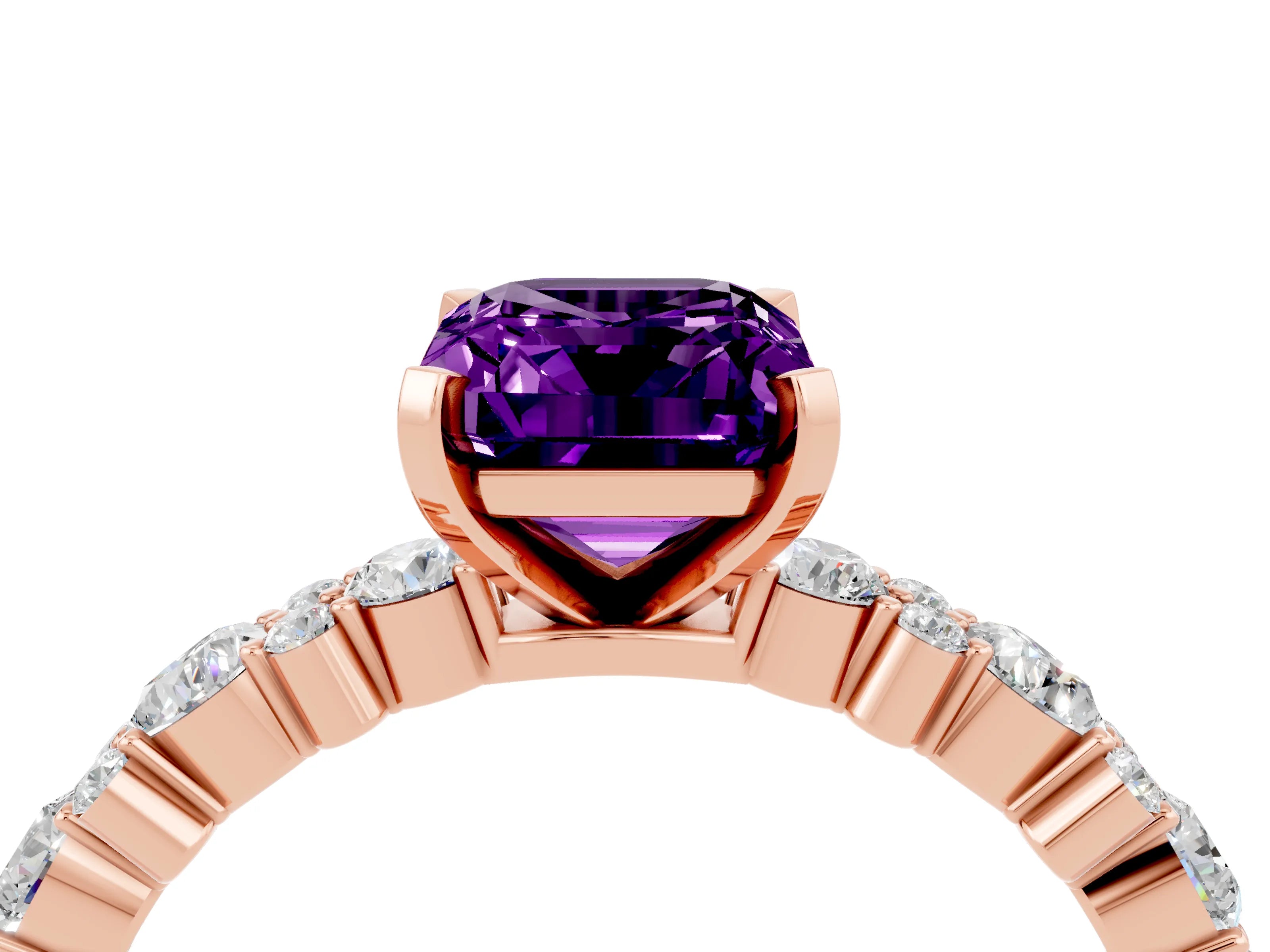 Rose gold Emerald Cut Amethyst Solitaire with Side Stones, Pave Band, Four-Prong Setting_52