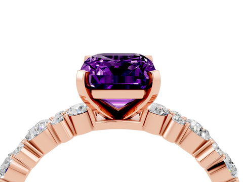Rose gold Emerald Cut Amethyst Solitaire with Side Stones, Pave Band, Four-Prong Setting_52
