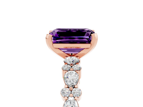 Rose gold Emerald Cut Amethyst Solitaire with Side Stones, Pave Band, Four-Prong Setting_53