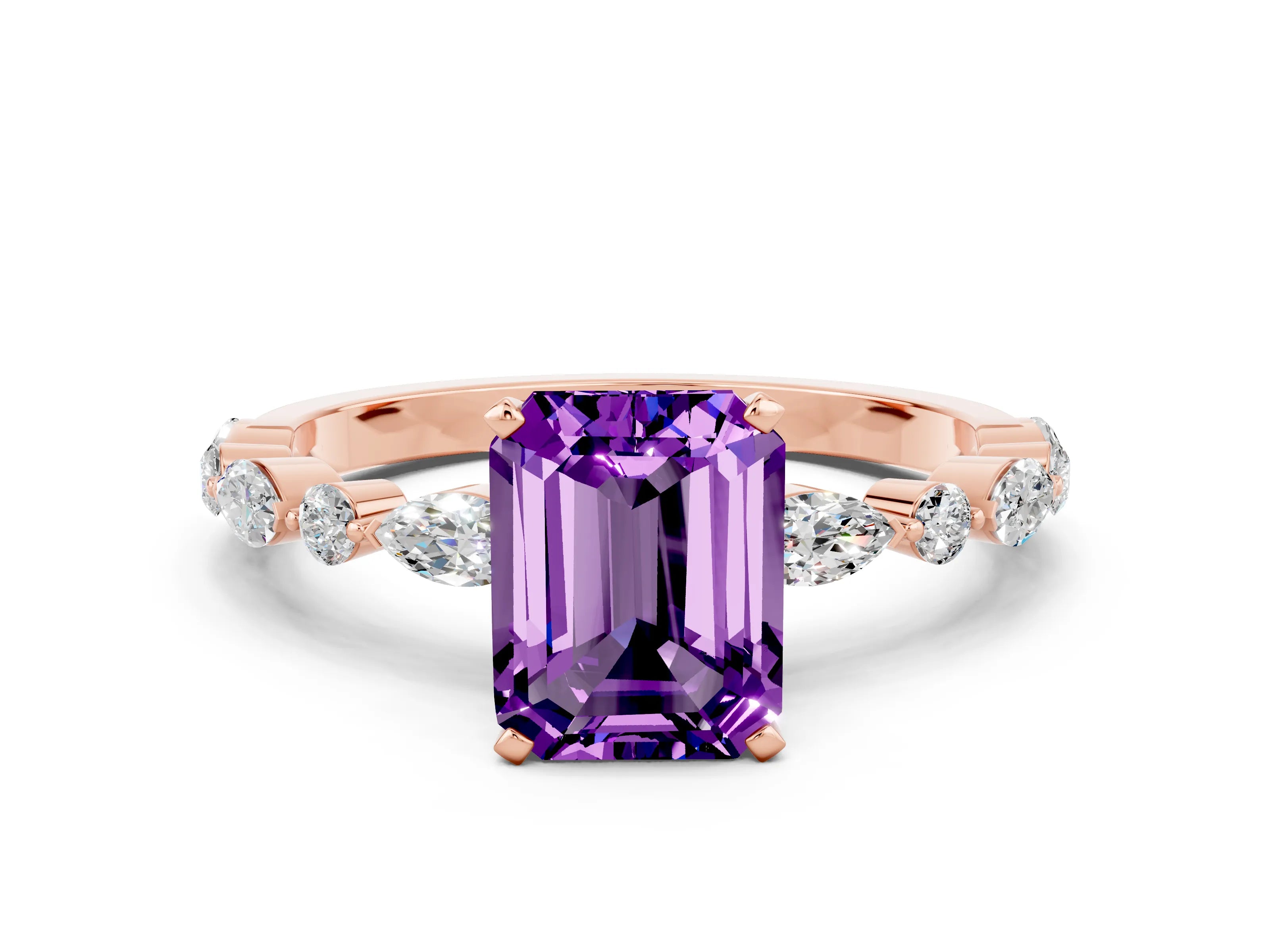 Rose gold Emerald Cut Amethyst Solitaire with Side Stones on a Pavé Band and Four-Prong Setting