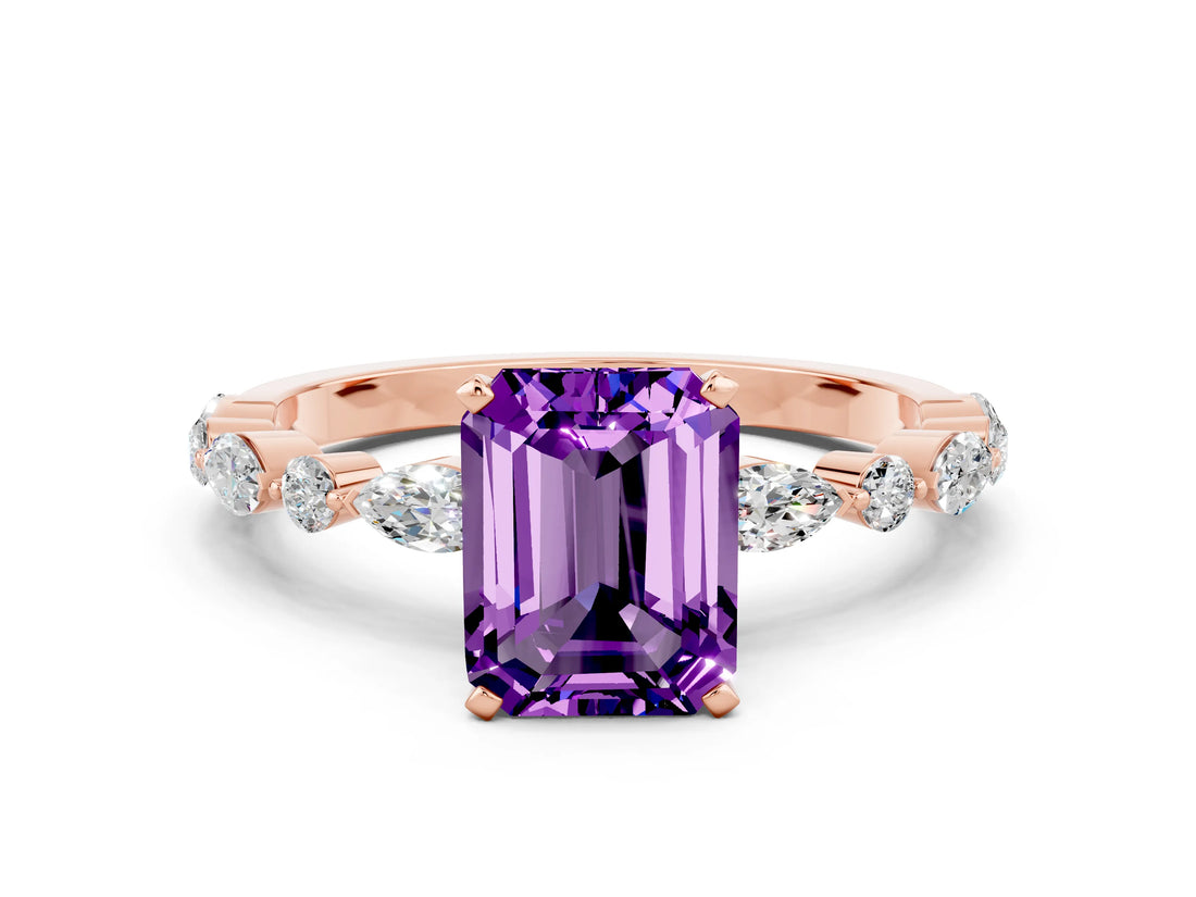 Rose gold Emerald Cut Amethyst Solitaire with Side Stones on a Pavé Band and Four-Prong Setting