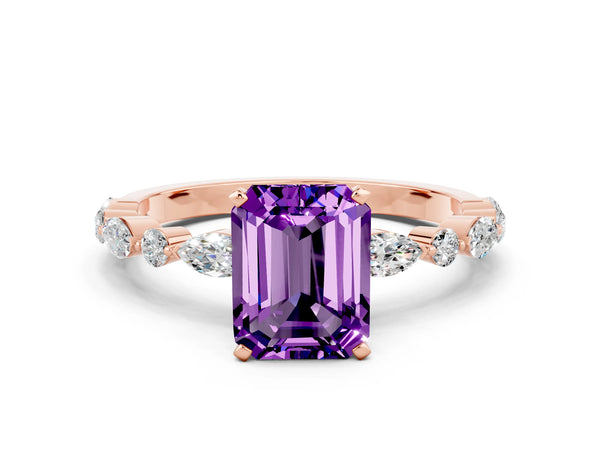 Rose gold Emerald Cut Amethyst Ring with Marquise and Round  Side Stones and Four-Prong Setting
