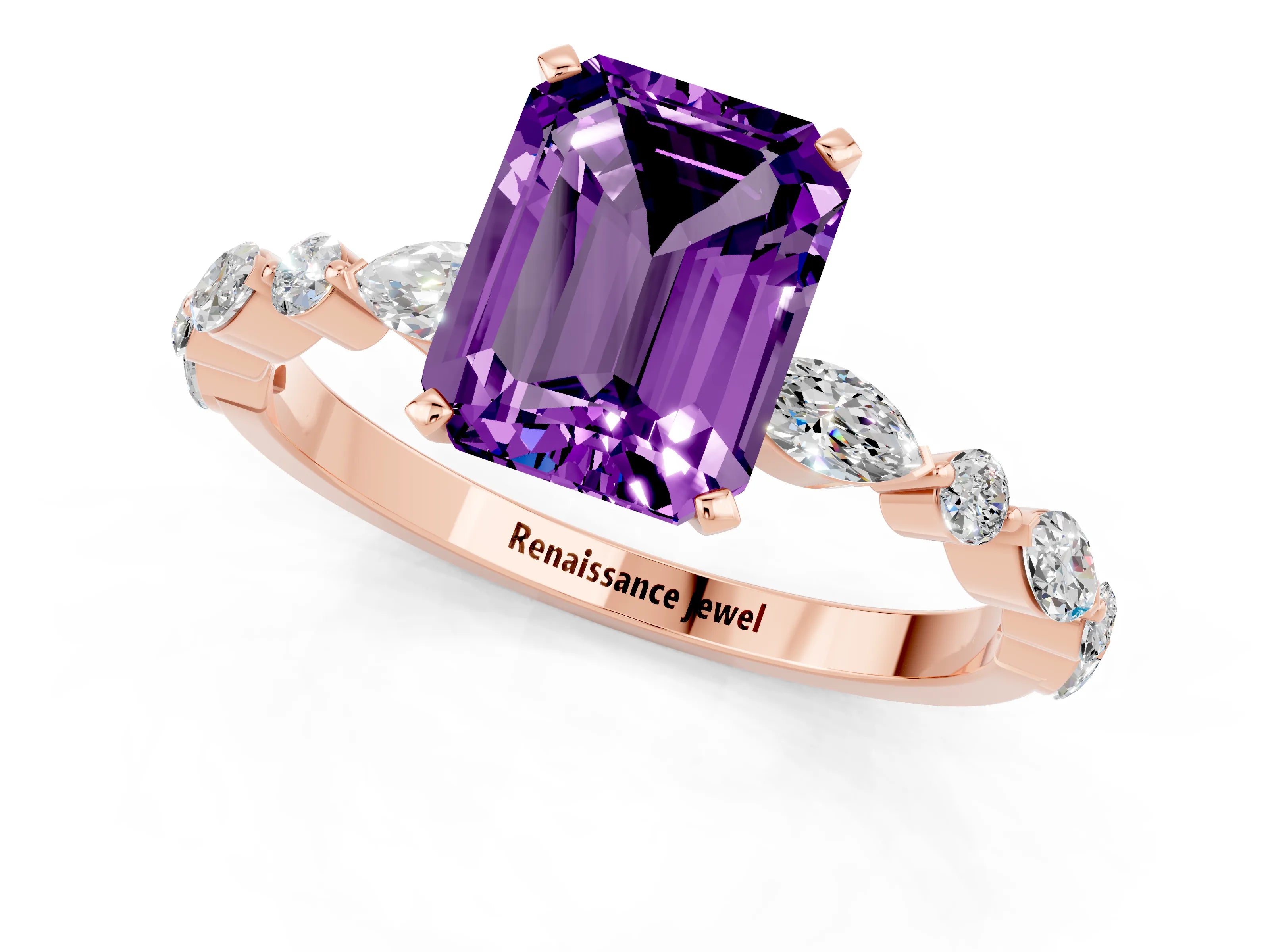 Rose gold Emerald Cut Amethyst Solitaire with Side Stones on a Pavé Band and Four-Prong Setting_1