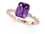 Rose gold Emerald Cut Amethyst Solitaire with Side Stones on a Pavé Band and Four-Prong Setting_1