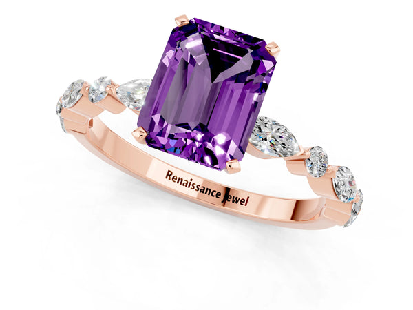Rose gold Emerald Cut Amethyst Ring with Marquise and Round  Side Stones and Four-Prong Setting
