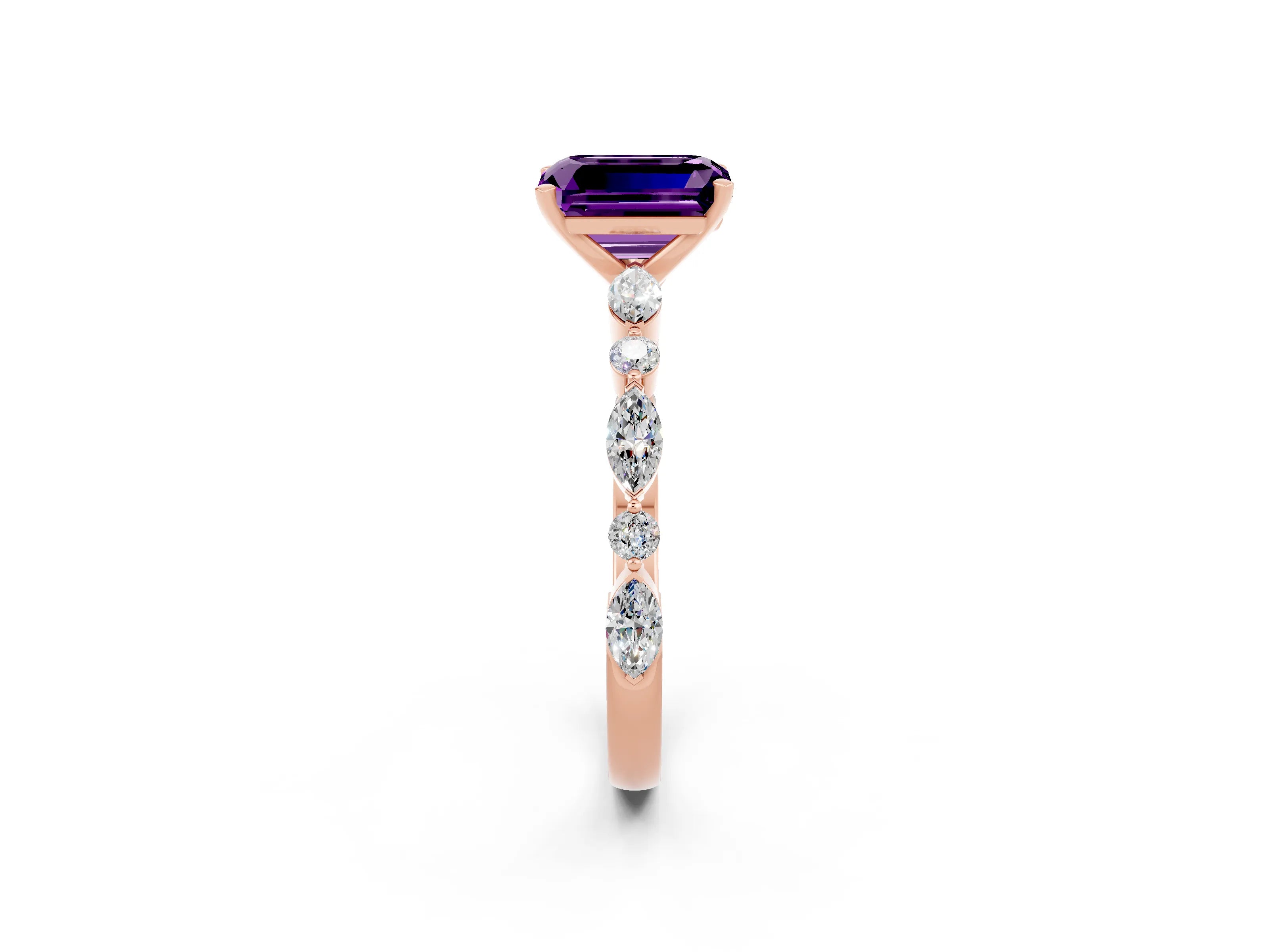 Rose gold Emerald Cut Amethyst Solitaire with Side Stones on a Pavé Band and Four-Prong Setting_2