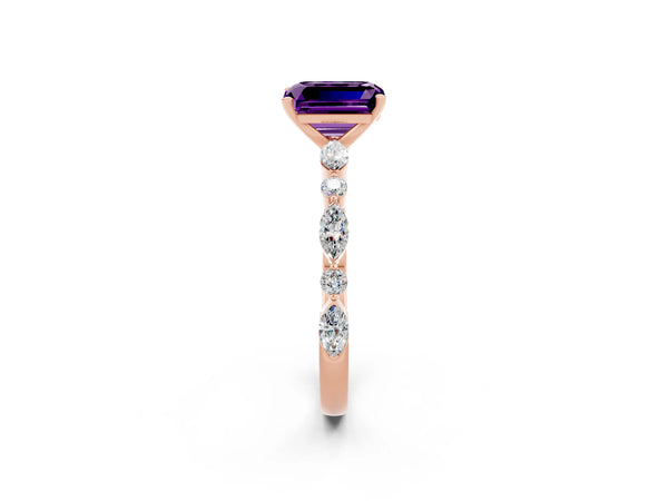 Rose gold Emerald Cut Amethyst Ring with Marquise and Round  Side Stones and Four-Prong Setting