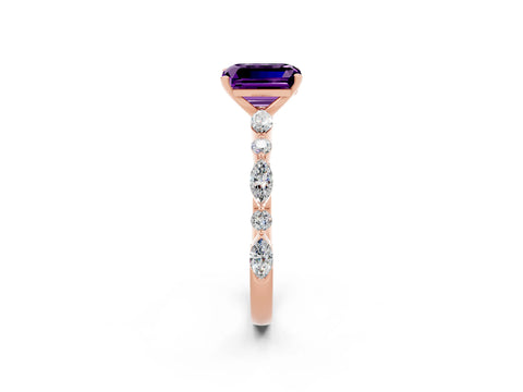 Rose gold Emerald Cut Amethyst Solitaire with Side Stones on a Pavé Band and Four-Prong Setting_2