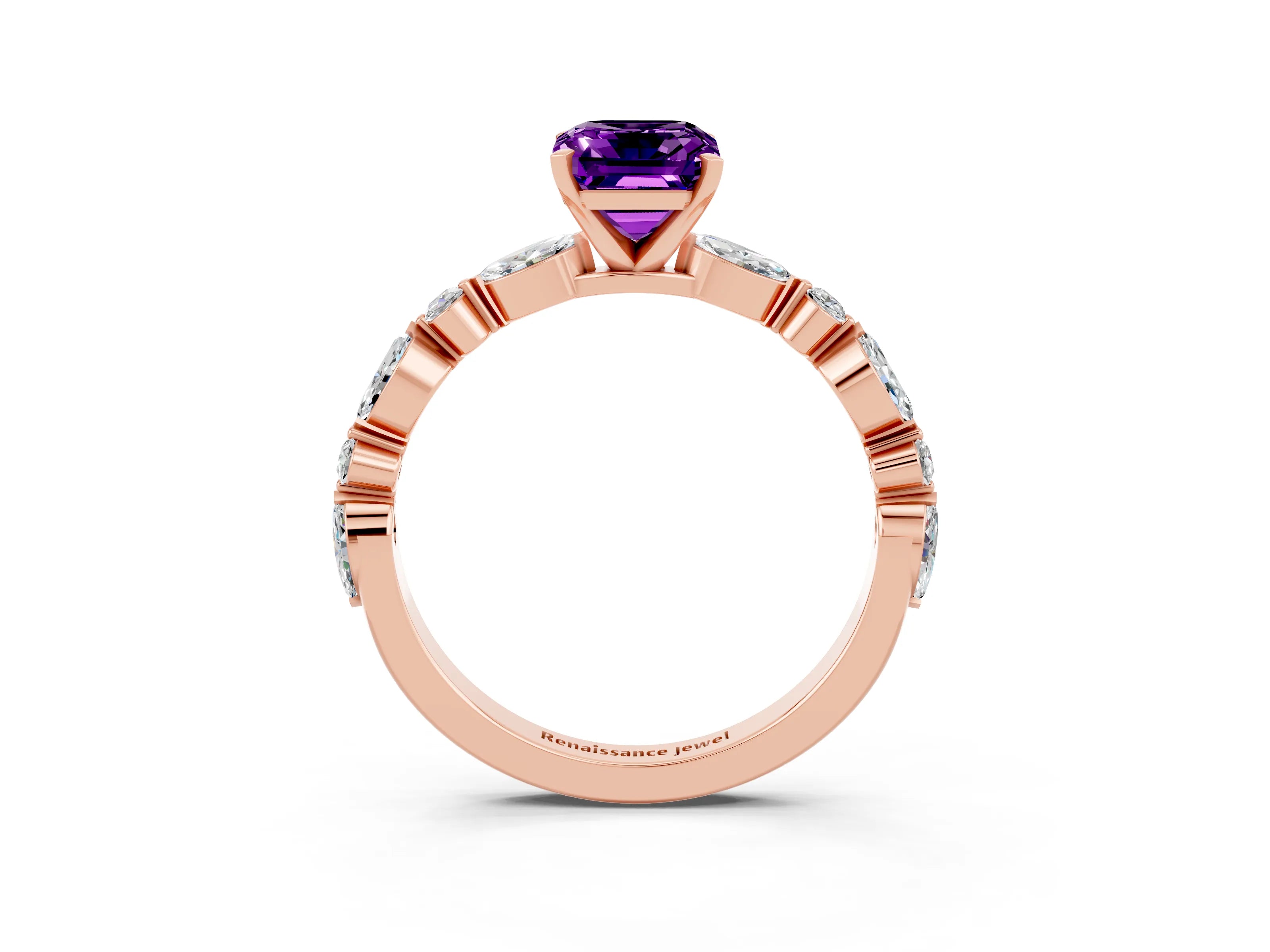 Rose gold Emerald Cut Amethyst Solitaire with Side Stones on a Pavé Band and Four-Prong Setting_3