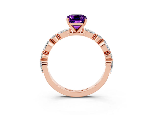 Rose gold Emerald Cut Amethyst Ring with Marquise and Round  Side Stones and Four-Prong Setting