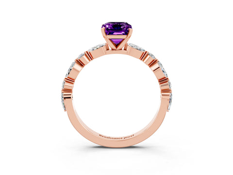 Rose gold Emerald Cut Amethyst Solitaire with Side Stones on a Pavé Band and Four-Prong Setting_3