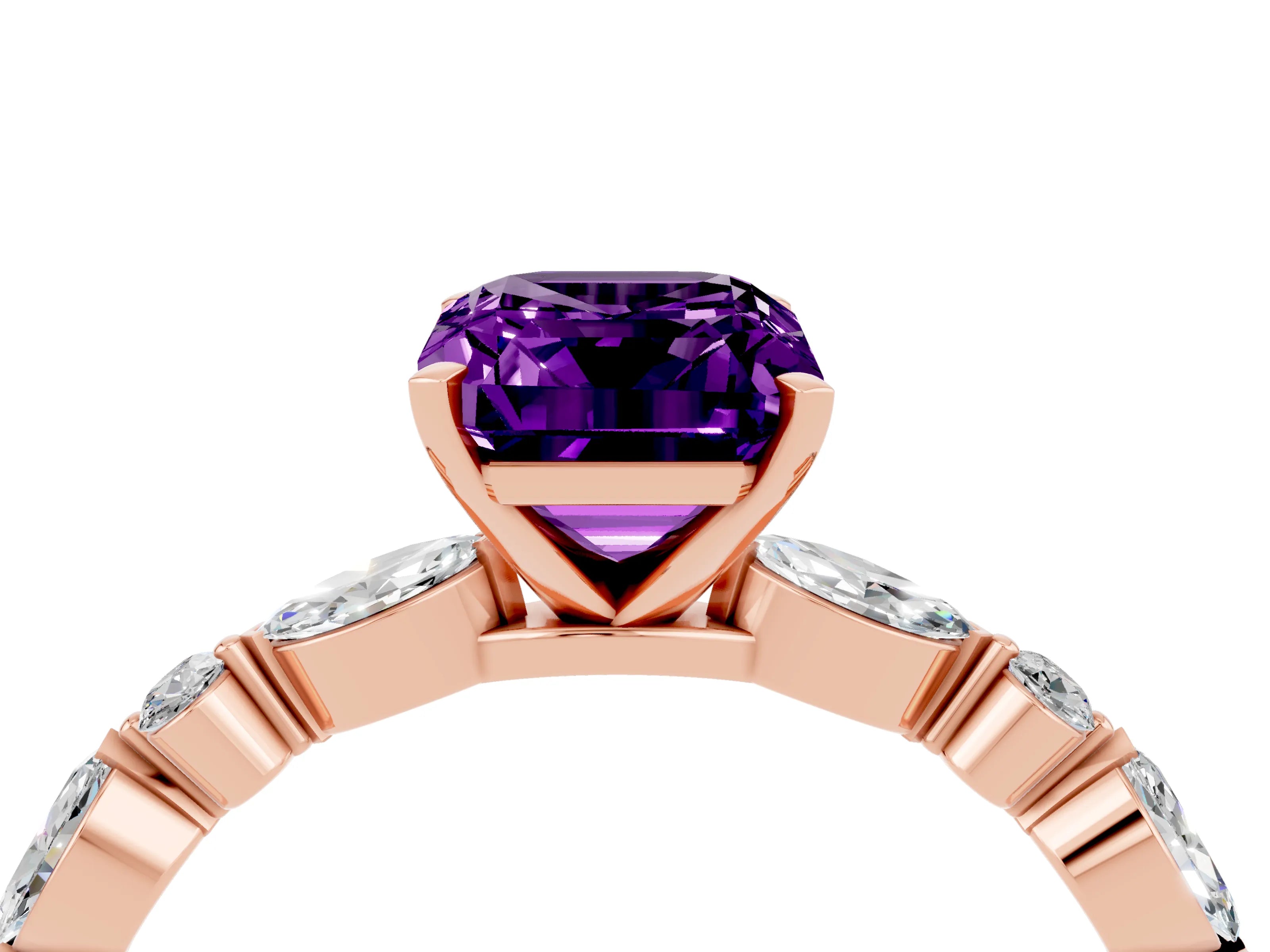 Rose gold Emerald Cut Amethyst Solitaire with Side Stones on a Pavé Band and Four-Prong Setting_4