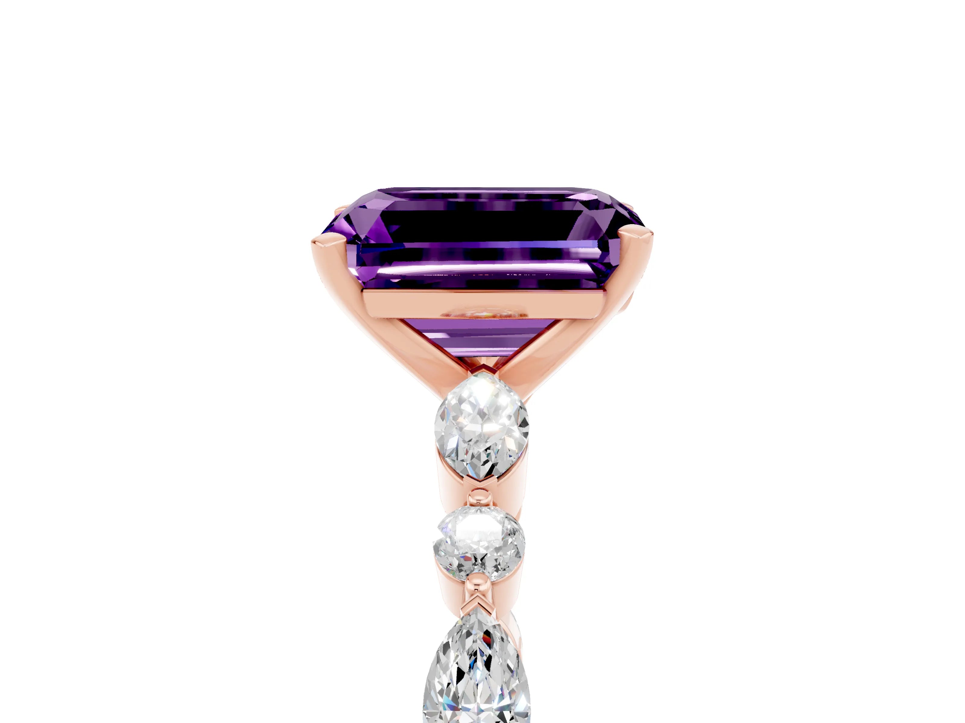Rose gold Emerald Cut Amethyst Solitaire with Side Stones on a Pavé Band and Four-Prong Setting_5
