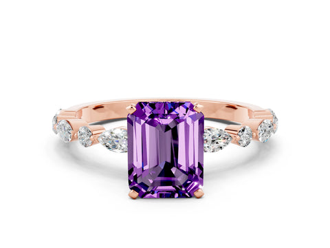Rose gold Emerald Cut Amethyst Solitaire with Side Stones on a Pavé Band and Four-Prong Setting