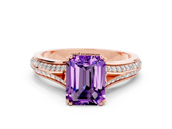 Rose gold Emerald Cut Amethyst Split Shank Engagement Ring with Pavé Band