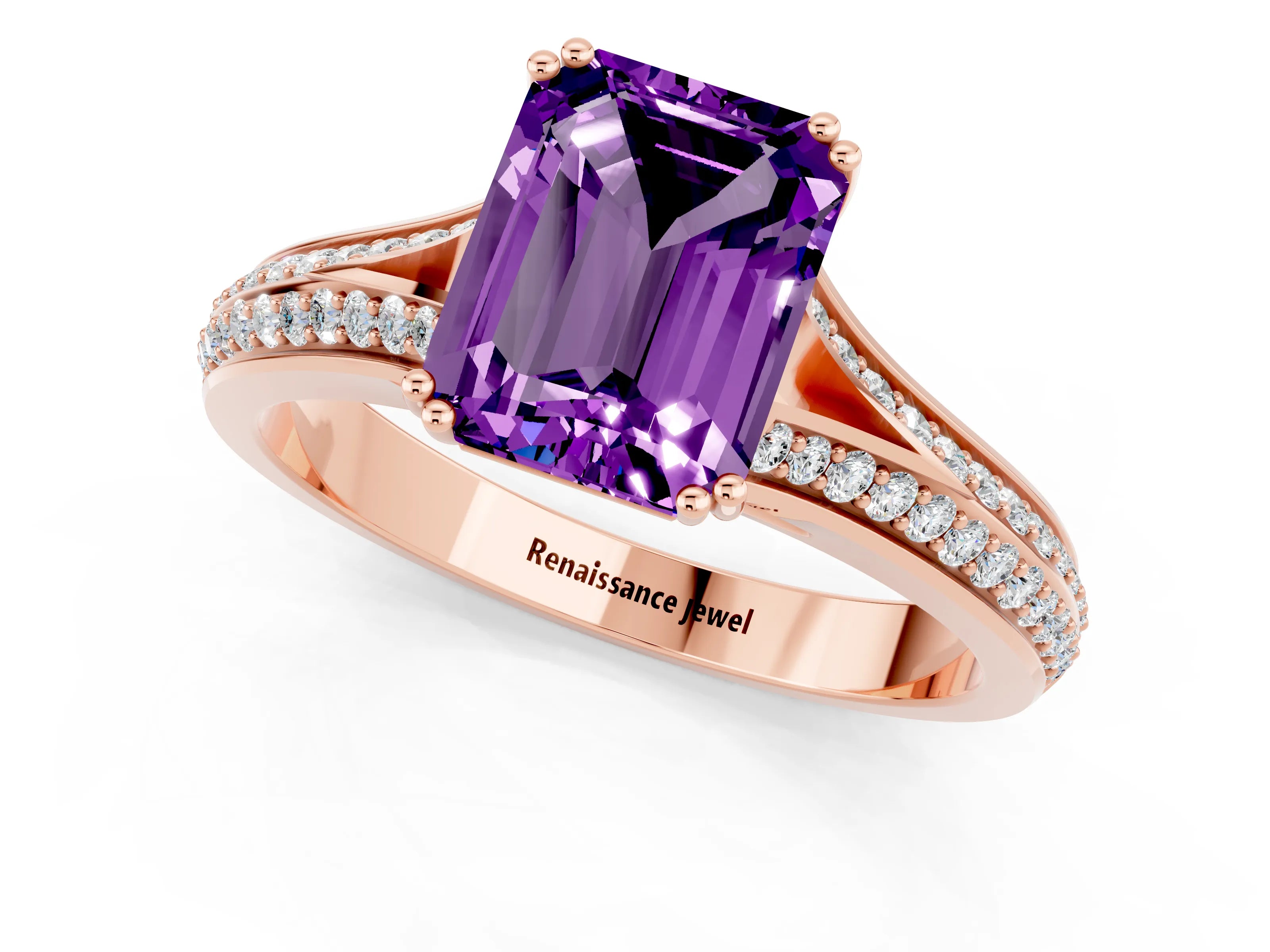 Rose gold Emerald Cut Amethyst Split Shank Engagement Ring with Pavé Band_1